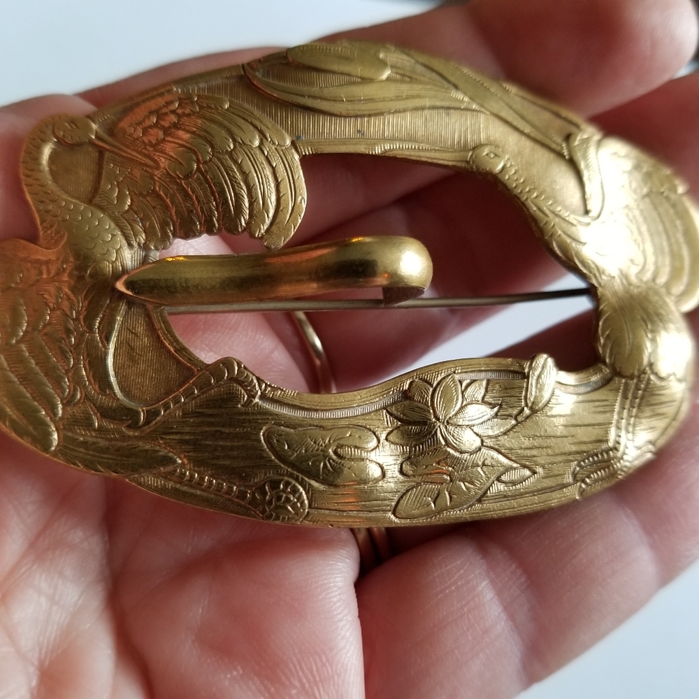 Relisted -Antique Edwardian crane lily pad sash brooch pin nouveau gold tone - Picture 15 of 17